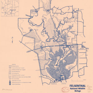 orange map with blue lines and sections marking natural features and boundaries