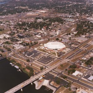 Aerial view of an arena and a neighborhood