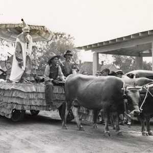 A clown stands and two men sit driving a parade float pulled by cattle on a city street