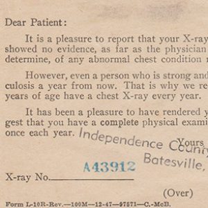 Paper card reporting tuberculosis test results dated 1948