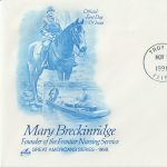 Envelope featuring a woman on a horse "Mary Breckinridge founder of the Frontier Nursing Service"