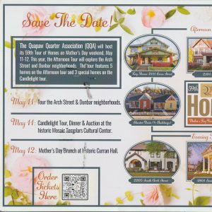 Postcard featuring photos of homes and a list of events