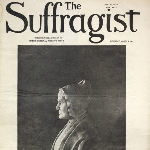 Magazine cover "The Suffragist" featuring a side view of a woman in a bonnet and shawl