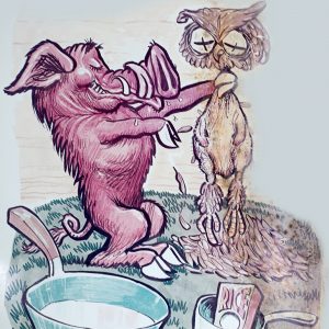 Cartoon of razorback hog holding a dead owl