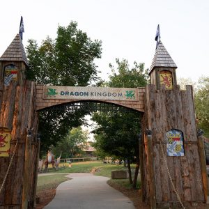 two wooden towers with flags on top joined by an arch saying "dragon kingdom"