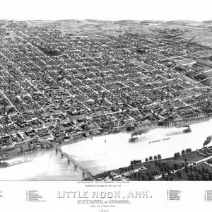 Perspective map of a city occupying one side of a river with bridges connecting it to the other bank