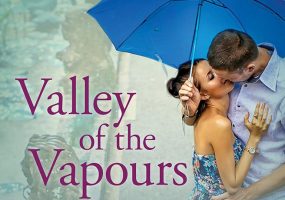 book cover showing a man and woman kissing under a blue umbrella