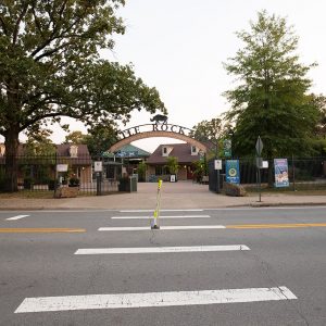 An entrance from across the street with an arch saying "Little Rock Zoo"