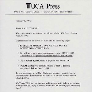 Letter with "UCA Press" at the top of letterhead "To Our Customers"