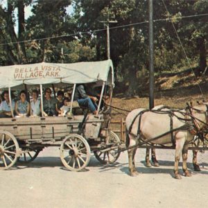 White people riding a covered wagon drawn by mules that says Bella Vista Village