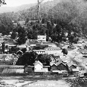 Town with buildings and trees seen from a hill