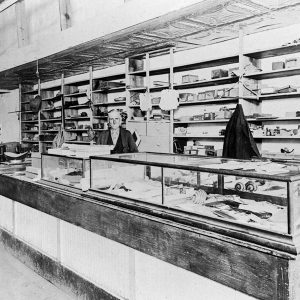 White man standing behind counter in store with cases and shelves