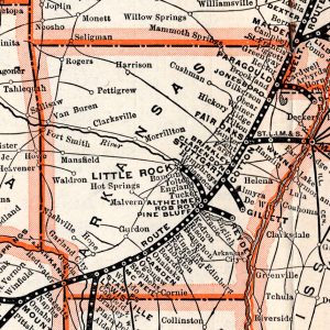 "Arkansas" map with borders cities waterways and Cotton Belt route