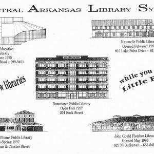 Drawings of five library buildings accompanied by opening month and year headline "See our new libraries while you are in Little Rock"