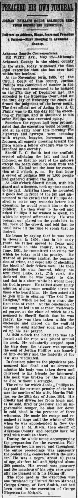 headlines "Preached his own funeral: Jordan Phillips Holds Religious Services Before his Execution" "Delivers an Address