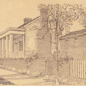 print showing fence surrounding two-story house with four pillars at entrance chimney and adjoining brick building