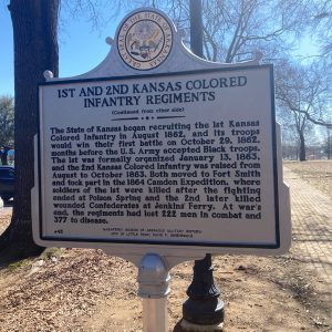 Metal display with Arkansas state seal headline "1st and 2nd Kansas Colored Infantry Regiments"