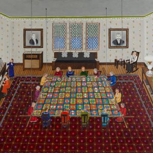 Interior of home fourteen white women sitting weaving large quilt while one white girl plays piano two other white girls sing on either side and one white man sleeps in rocking chair in top right corner of room