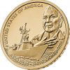Gold coin with design of older black woman overlooking a United States Navy ship sailing over a grid pattern