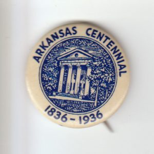 Text "Arkansas centennial 1836-1936" around illustration of two story building with Greek style columns surrounded by trees