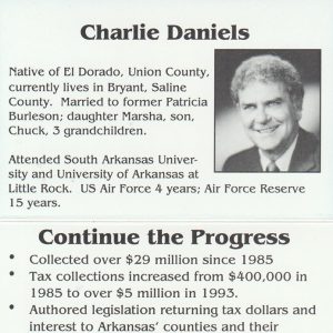 Small square portrait white man from shoulders up dressed in suit headline "Vote Charlie Daniels Land Commissioner" accompanied by biographical information and credentials