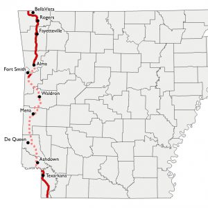 Map of Arkansas with vertical line down west side of state and names of towns located along interstate