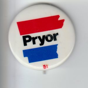 Round button text "Pryor" inside Arkansas state outline with three horizontal stripes