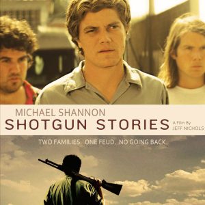 Two photos separated by title first photo three white men looking frustrated above second photo white man holding rifle over shoulder standing in wheat field facing two story farmhouse under text "Two families. One feud. No going back"