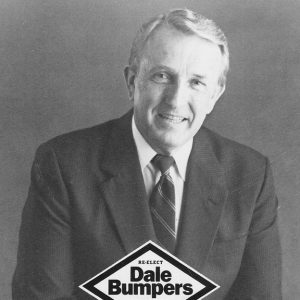 Text "Re-elect Dale Bumpers Senator" inside diamond shape in middle of image older white man dressed in suit smiling resting hands together on lap