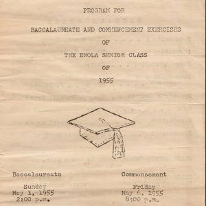 Text "Program for Baccalaureate and Commencement Exercises of The Enola Senior Class of 1955" above illustrated graduation cap with tassle date and time for each event