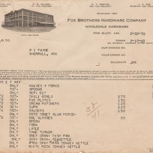 Typed document with itemized list of cutlery other kitchen items prices and company information including location and names of administrators