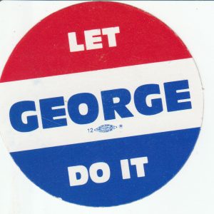 Round sticker three horizontal stripes text "Let George Do It"
