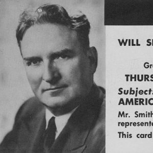 White man from shoulders up clean shaven in suit next to text "Gerald L. K. Smith will speak" followed by location date time and text "America's Darkest