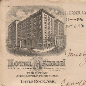 Illustrative sketch of multi story building on street corner text "Hotel Marion 325 Rooms European Absolutely Fireproof" to left of handwritten inscription mail recipient name and address