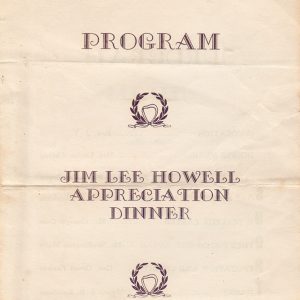 Text "Program" above symbol of wreath with ribbon above text "Jim Lee Howell Appreciation Dinner" above same symbol again above text "Lonoke