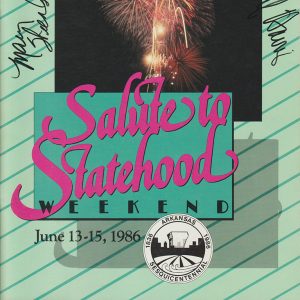 Three signatures around square image of fireworks overlapping with text box underneath it text "Salute to Statehood Weekend" above date and event seal