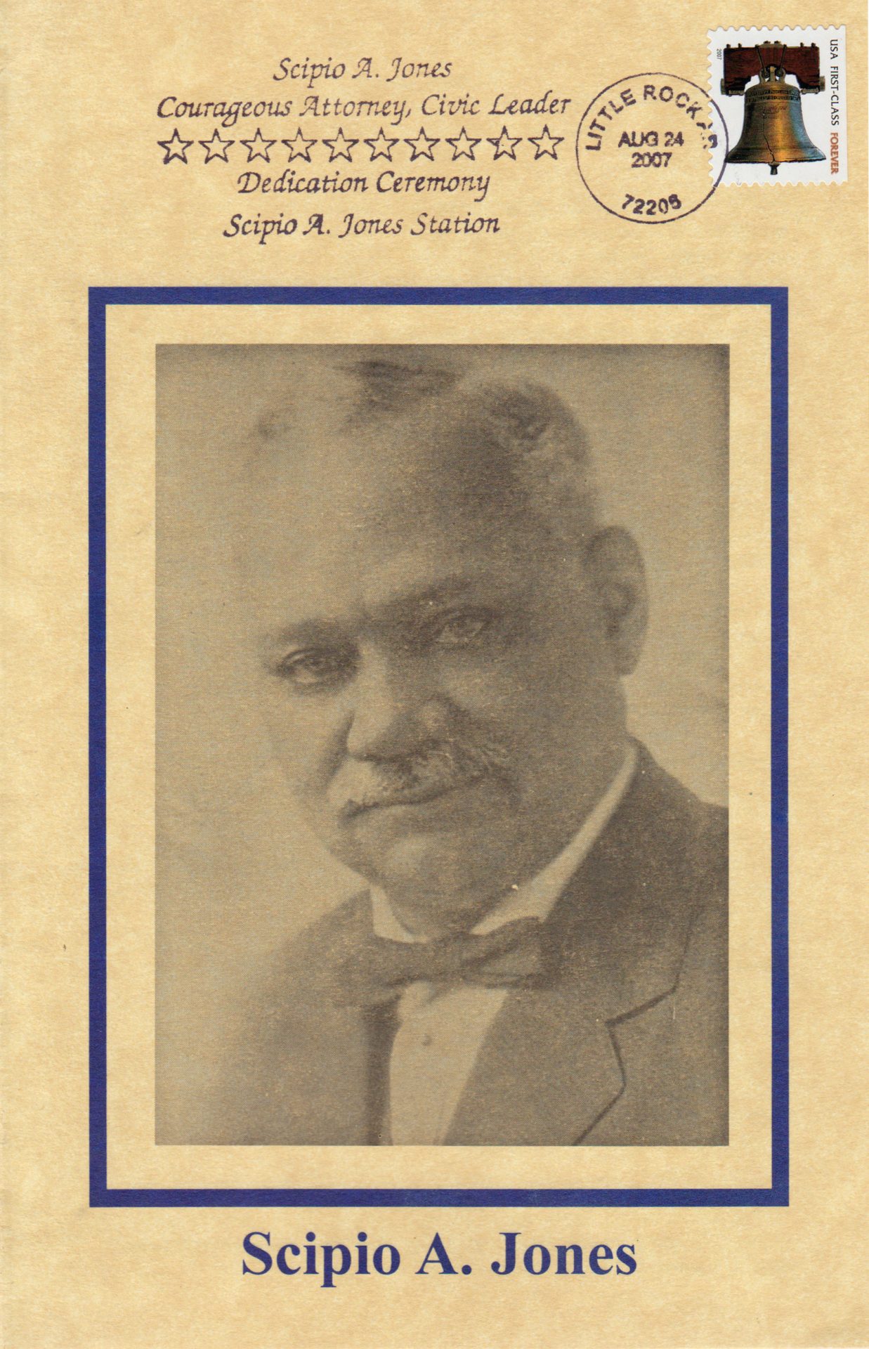 Photograph black man with mustache dressed in suit bow tie below ext "Scipio A. Jones Courageous Attorney