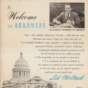 Paragraph discussing history and invitation to Arkansas between picture of white man dressed in suit smiling in top right corner and image of two white women in automobile talking to white male police officer pointing at state capitol building in bottom of page