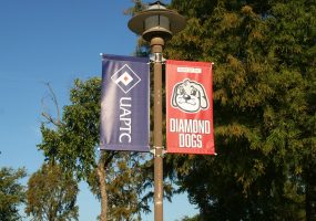 Lightpost with one rectangular banner on either side on left is diamond shape with letter p in middle above vertical text spelling "UAPTC" sideways on right is text "Home of the" above head of cartoon dog above text "Diamond Dogs"
